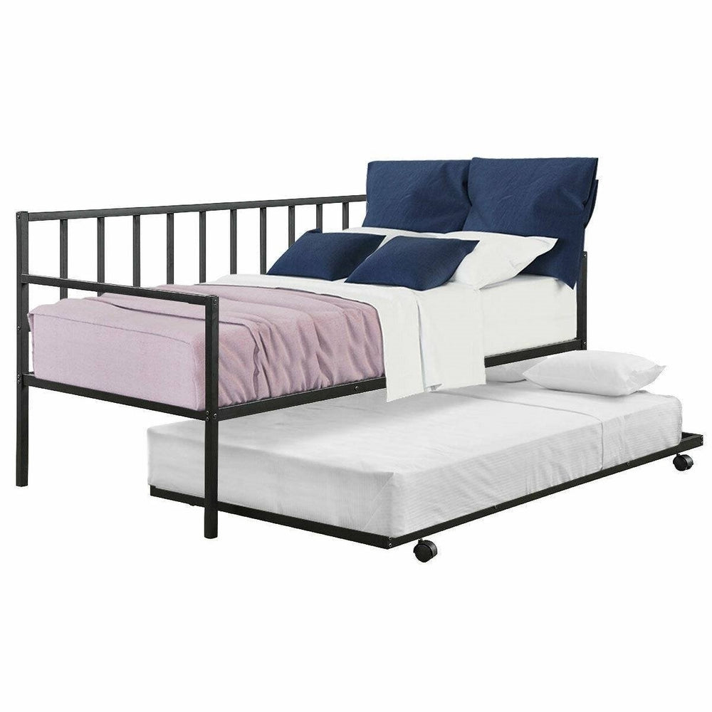 Twin size Black Metal Daybed with Roll-out Trundle Bed Frame Image 2