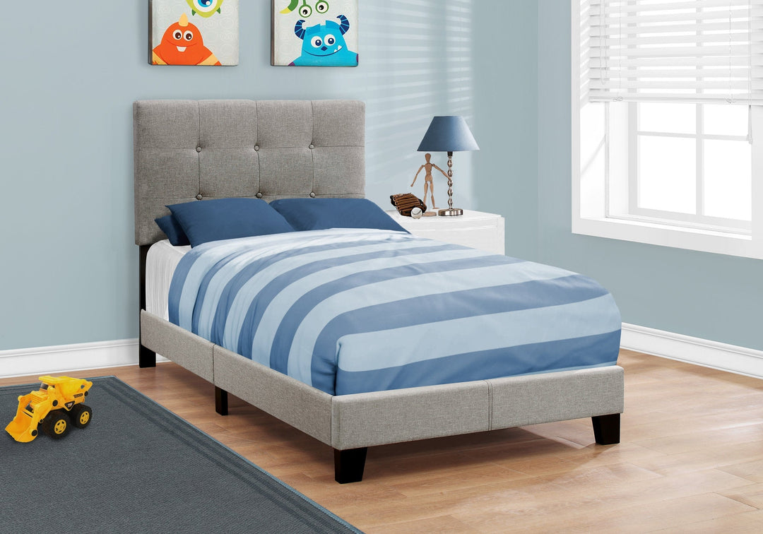 Twin Tufted Gray Upholstered Linen Bed With Nailhead Trim Image 1