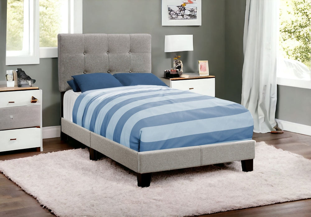 Twin Tufted Gray Upholstered Linen Bed With Nailhead Trim Image 2