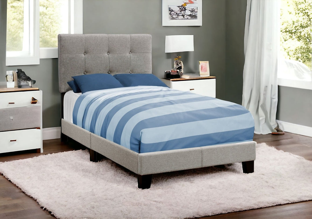 Twin Tufted Gray Upholstered Linen Bed With Nailhead Trim Image 2