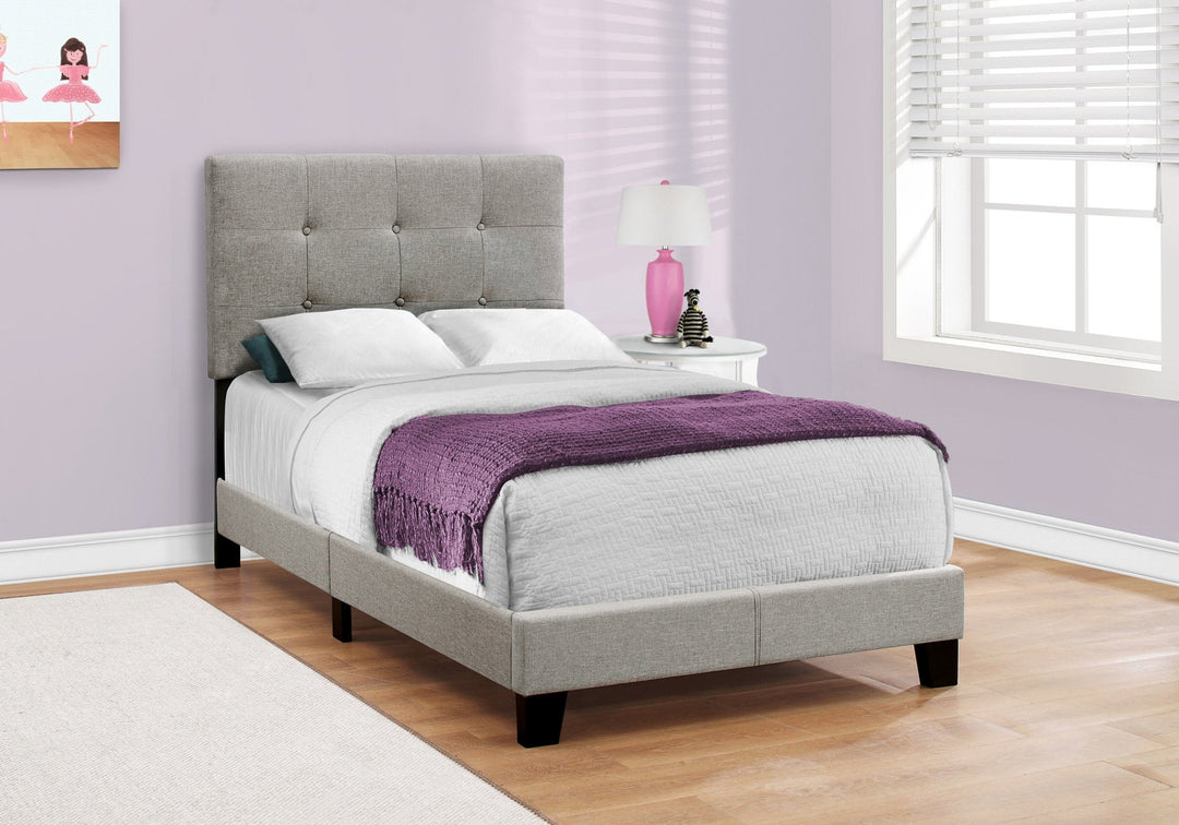 Twin Tufted Gray Upholstered Linen Bed With Nailhead Trim Image 5