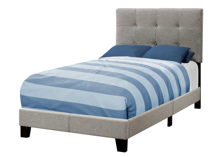 Twin Tufted Gray Upholstered Linen Bed With Nailhead Trim Image 9