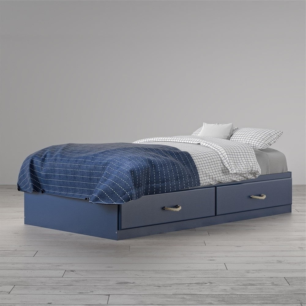 Twin Size Blue Platform Bed with 2 Storage Drawers Rope Handles Image 3