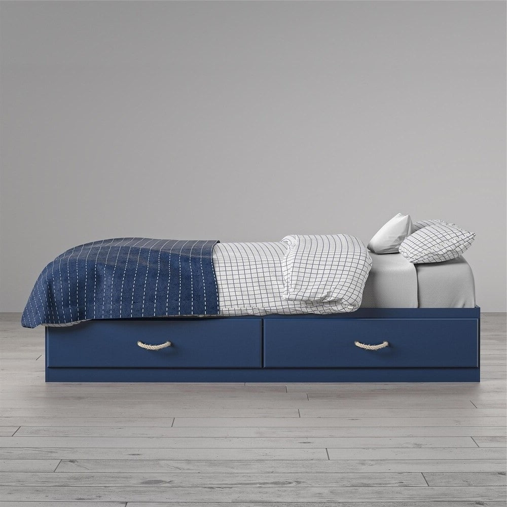 Twin Size Blue Platform Bed with 2 Storage Drawers Rope Handles Image 4