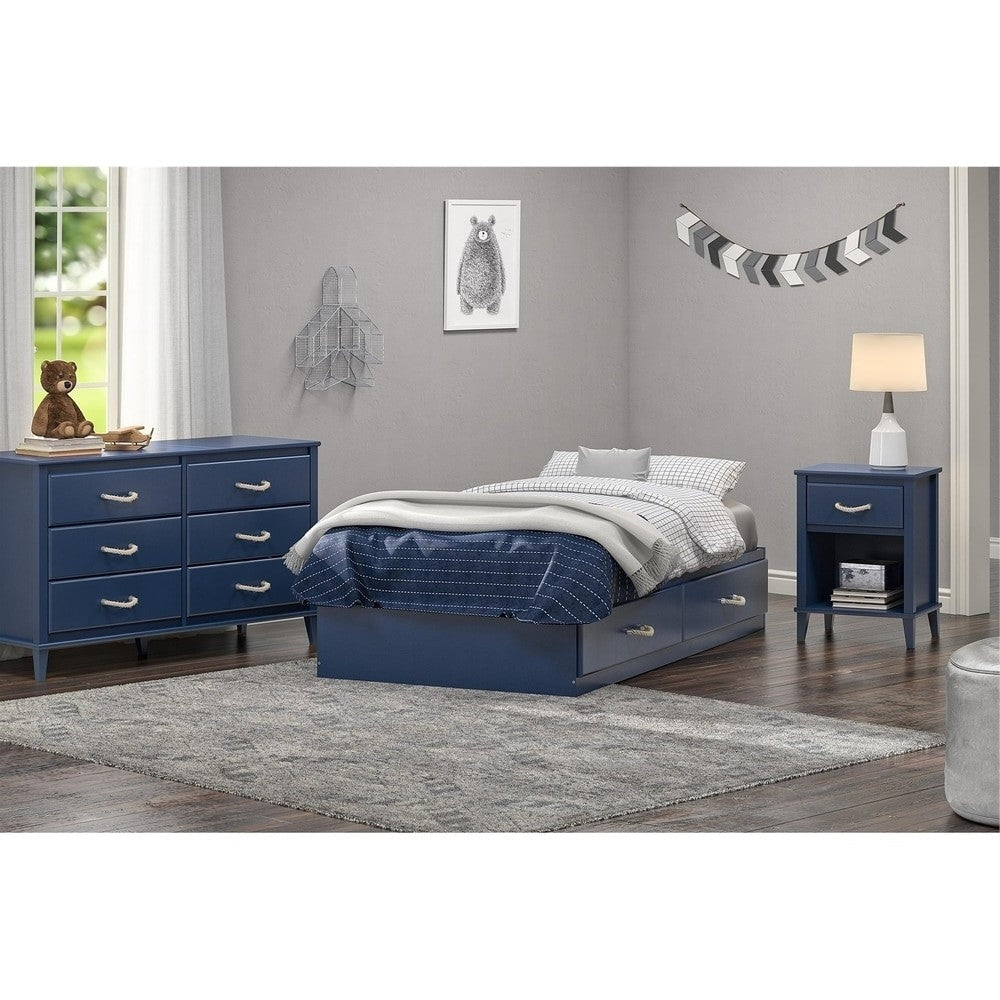 Twin Size Blue Platform Bed with 2 Storage Drawers Rope Handles Image 5