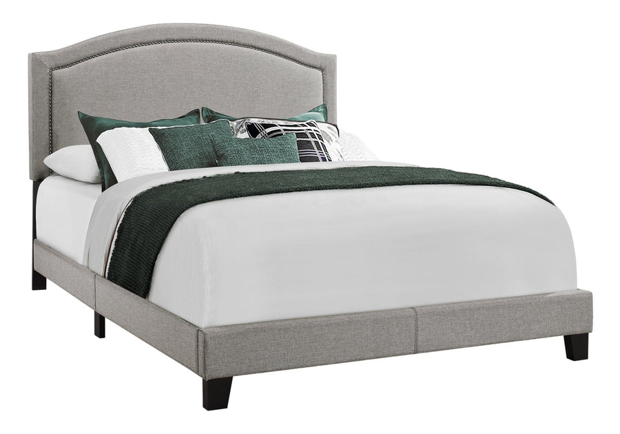 Solid Wood Queen Gray Upholstered Linen Bed With Nailhead Trim Image 1