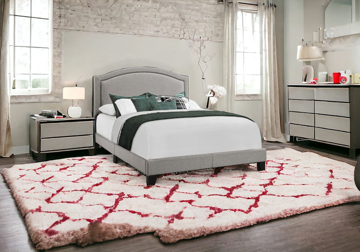 Solid Wood Queen Gray Upholstered Linen Bed With Nailhead Trim Image 2