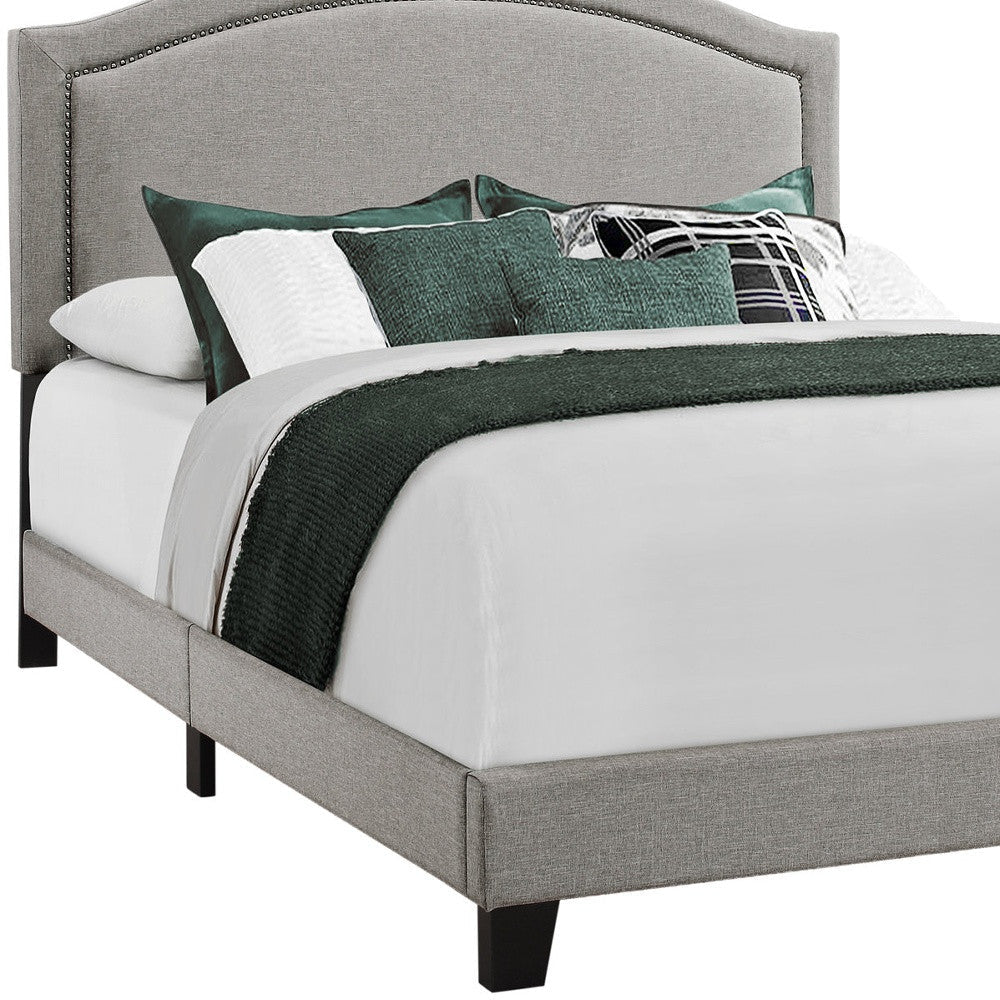 Solid Wood Queen Gray Upholstered Linen Bed With Nailhead Trim Image 8