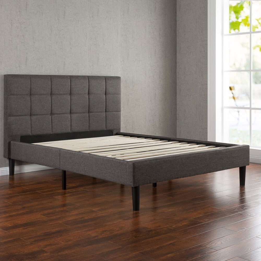 Twin size Classic Grey Fabric Upholstered Platform Bed with Padded Headboard Image 2