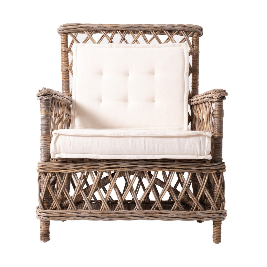 Set of Two Natural Lattice Wicker Arm Chairs with Seat Cushions Image 1