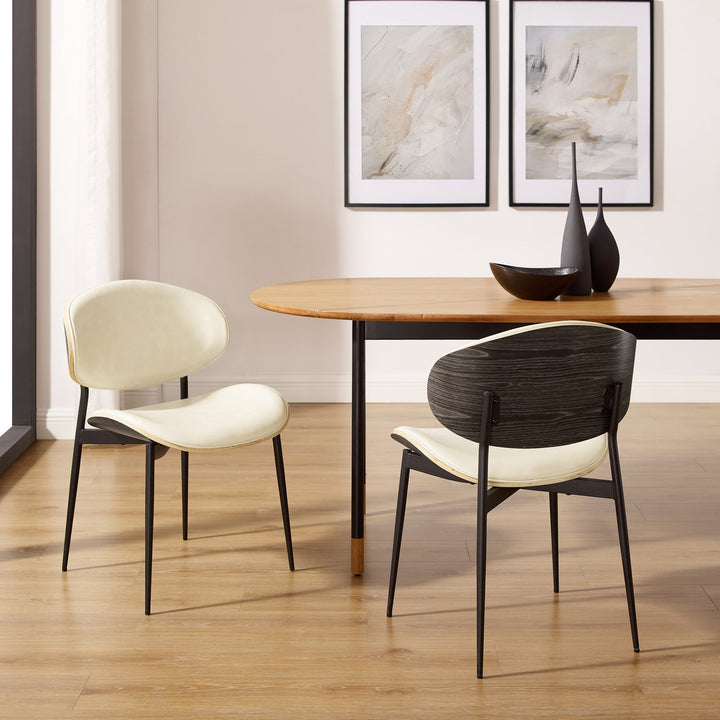 Set of Two Off White And Black Upholstered Faux Leather Curved Back Dining Side Chairs Image 3