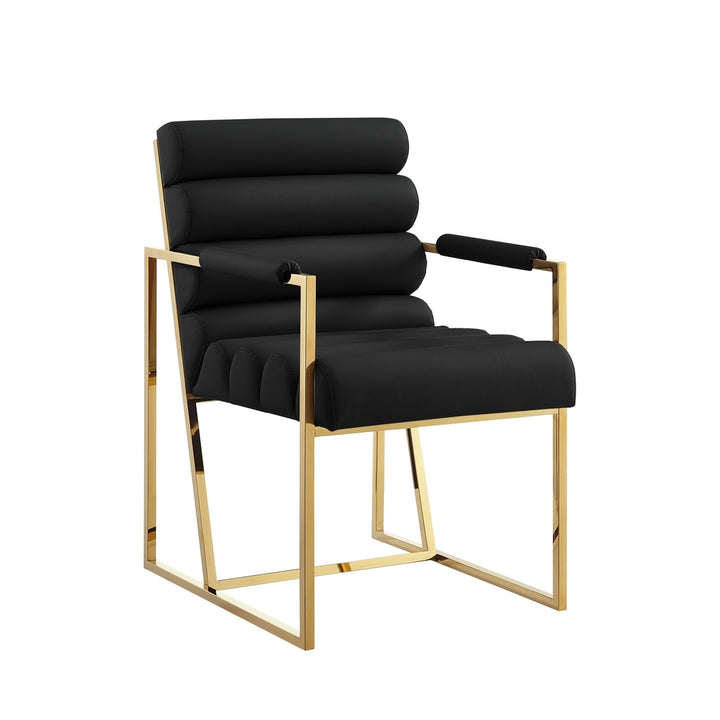 Set of Two Tufted Black And Gold Upholstered Faux Leather Dining Arm Chairs Image 2