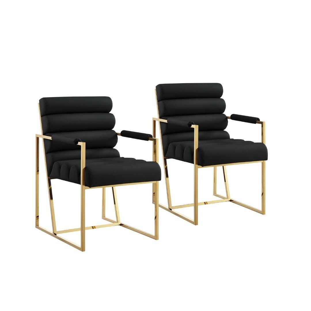 Set of Two Tufted Black And Gold Upholstered Faux Leather Dining Arm Chairs Image 7