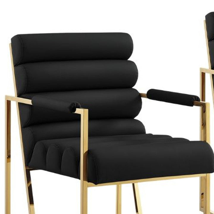 Set of Two Tufted Black And Gold Upholstered Faux Leather Dining Arm Chairs Image 9