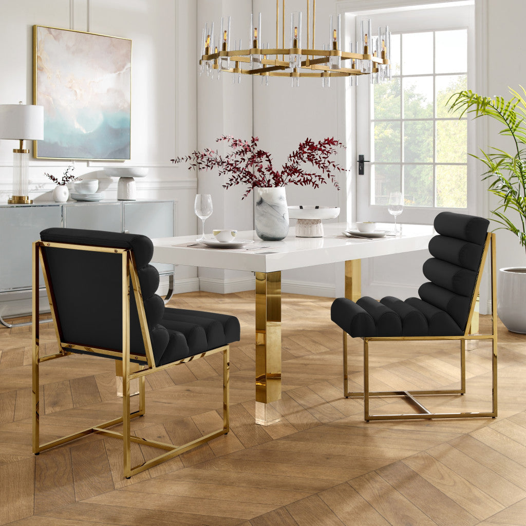 Set of Two Tufted Black And Gold Upholstered Faux Leather Dining Side Chairs Image 1