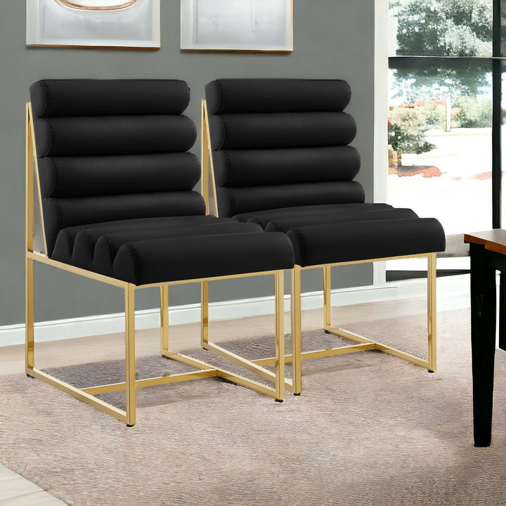 Set of Two Tufted Black And Gold Upholstered Faux Leather Dining Side Chairs Image 10