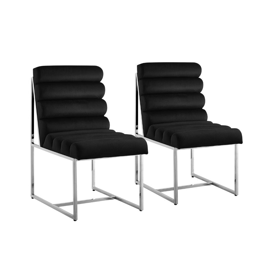 Set of Two Tufted Black And Silver Metallic Upholstered Velvet Dining Side Chairs Image 8