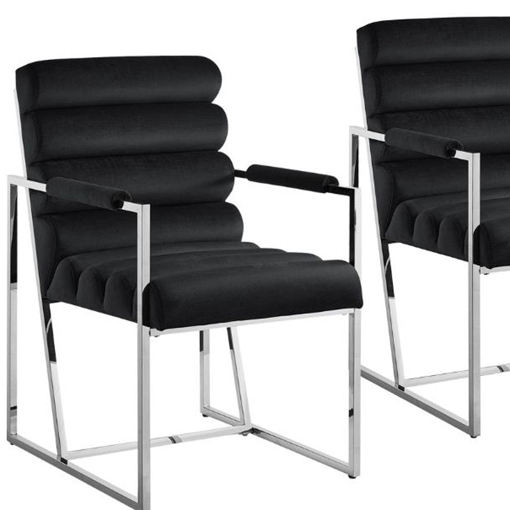 Set of Two Tufted Black And Silver Metallic Upholstered Velvet Dining Arm Chairs Image 10