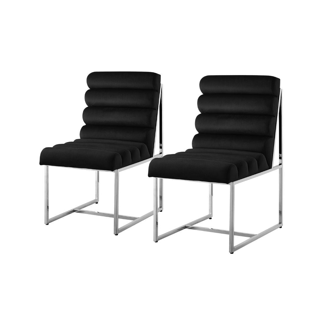 Set of Two Tufted Black And Silver Metallic Upholstered Velvet Dining Side Chairs Image 10