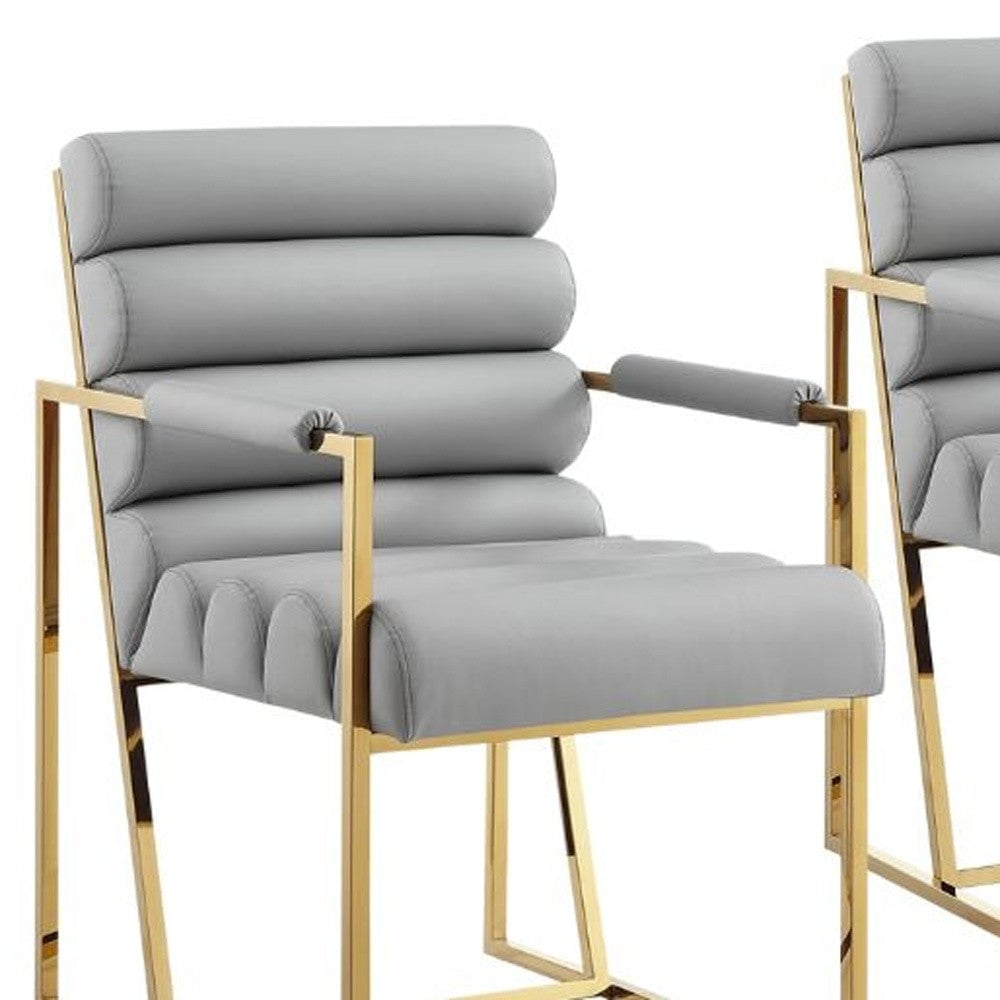 Set of Two Tufted Gray And Gold Upholstered Faux Leather Dining Arm Chairs Image 9