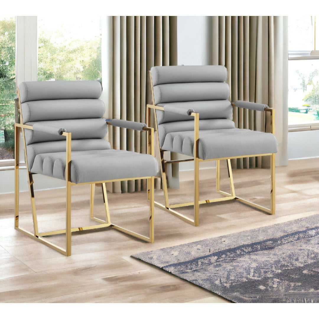 Set of Two Tufted Gray And Gold Upholstered Faux Leather Dining Arm Chairs Image 10