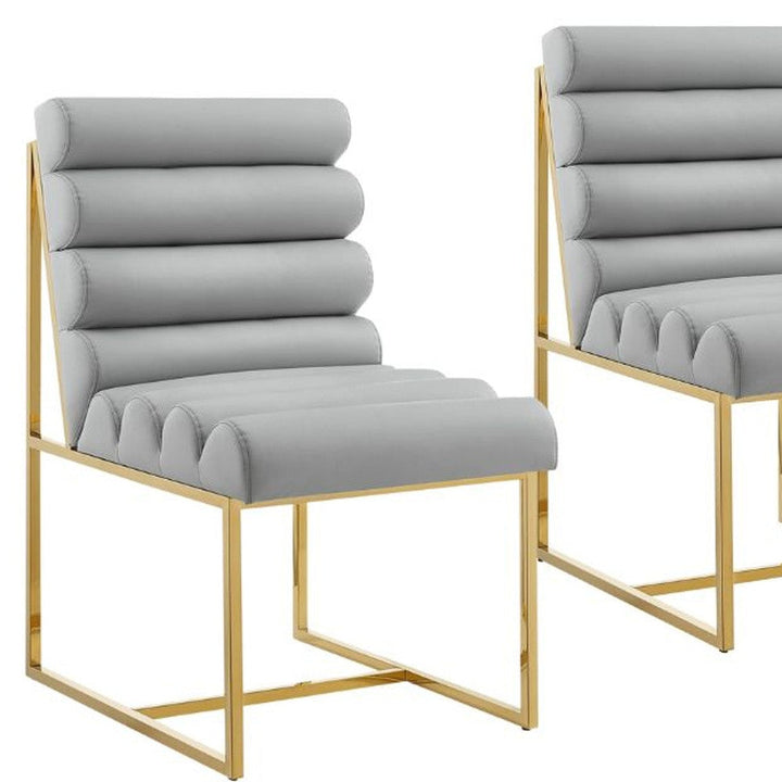 Set of Two Tufted Gray And Gold Upholstered Faux Leather Dining Side Chairs Image 9