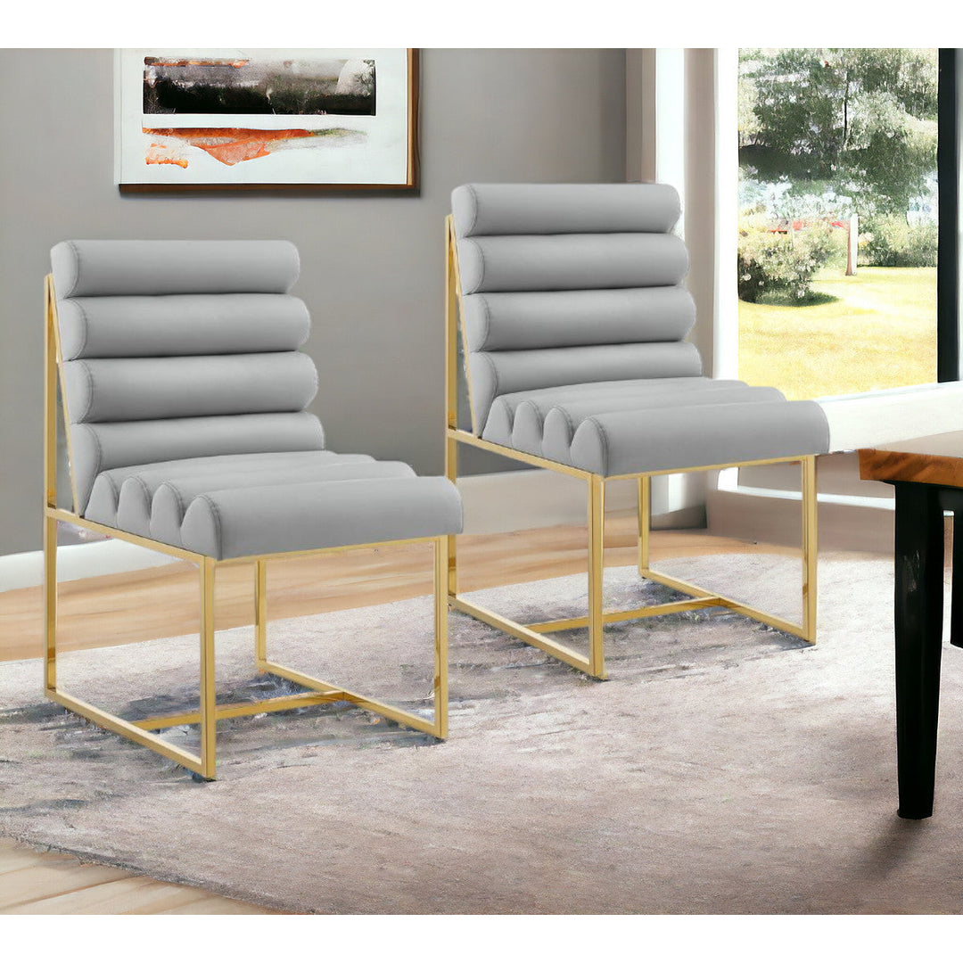 Set of Two Tufted Gray And Gold Upholstered Faux Leather Dining Side Chairs Image 10