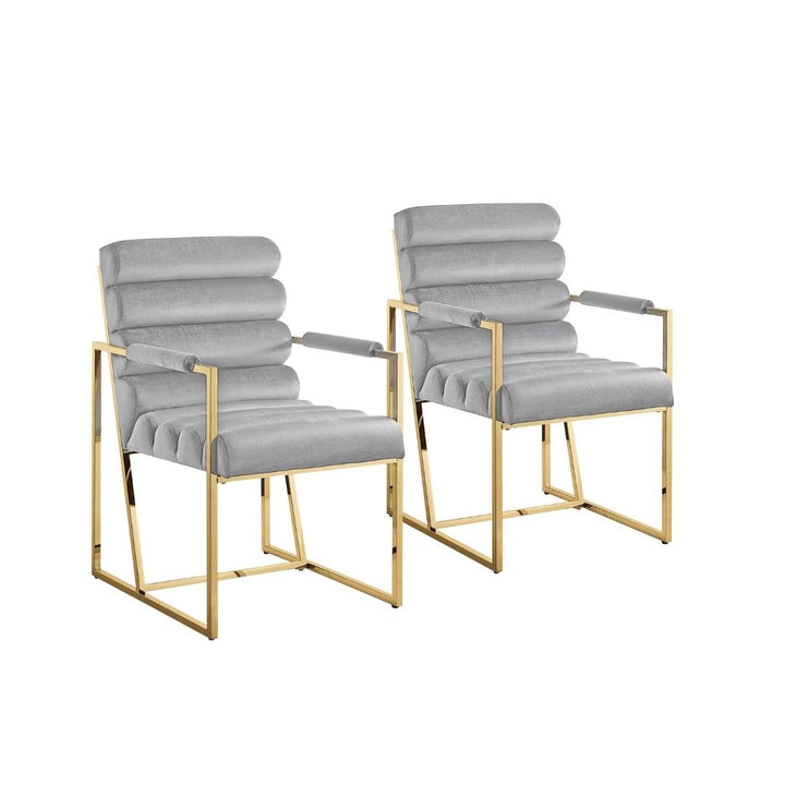 Set of Two Tufted Gray And Gold Upholstered Velvet Dining Arm Chairs Image 8