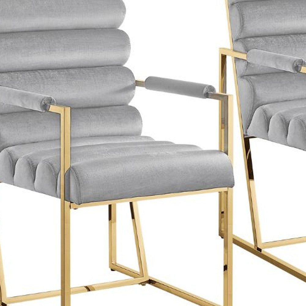 Set of Two Tufted Gray And Gold Upholstered Velvet Dining Arm Chairs Image 9