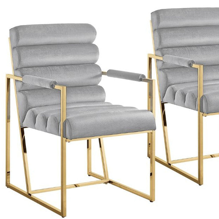 Set of Two Tufted Gray And Gold Upholstered Velvet Dining Arm Chairs Image 10