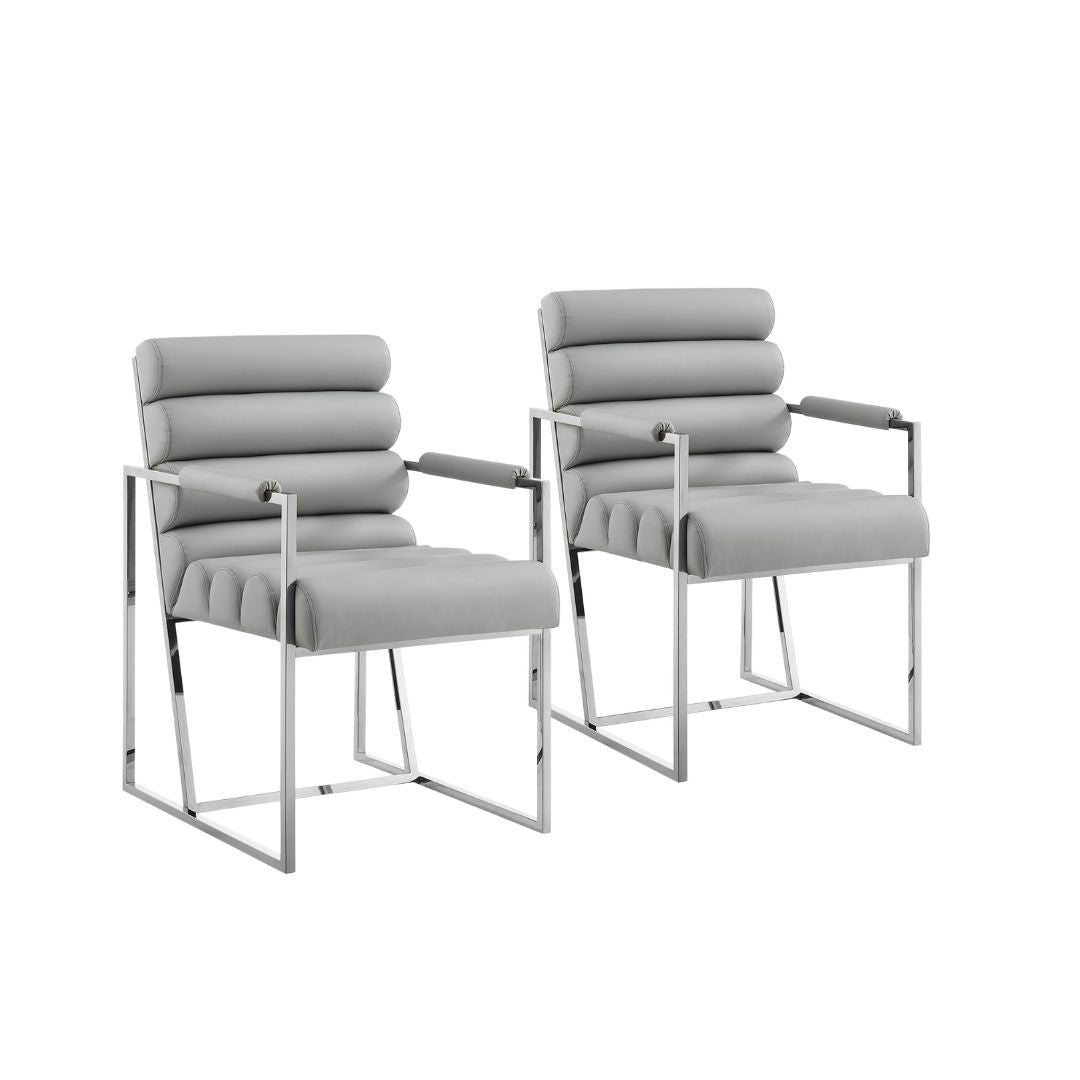 Set of Two Tufted Gray And Silver Metallic Upholstered Faux Leather Dining Arm Chairs Image 7