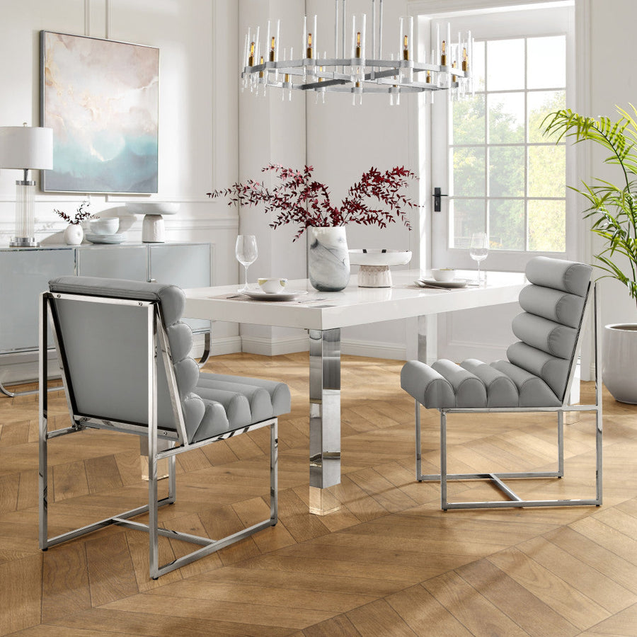 Set of Two Tufted Gray And Silver Metallic Upholstered Faux Leather Dining Side Chairs Image 1