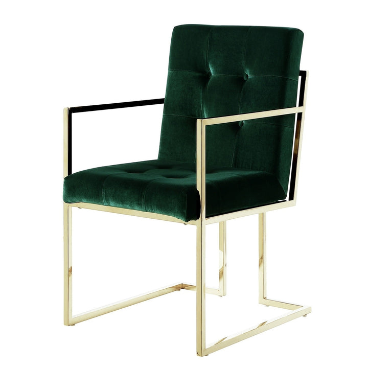 Set of Two Tufted Hunter Green and Gold Upholstered Velvet Dining Arm Chairs Image 1