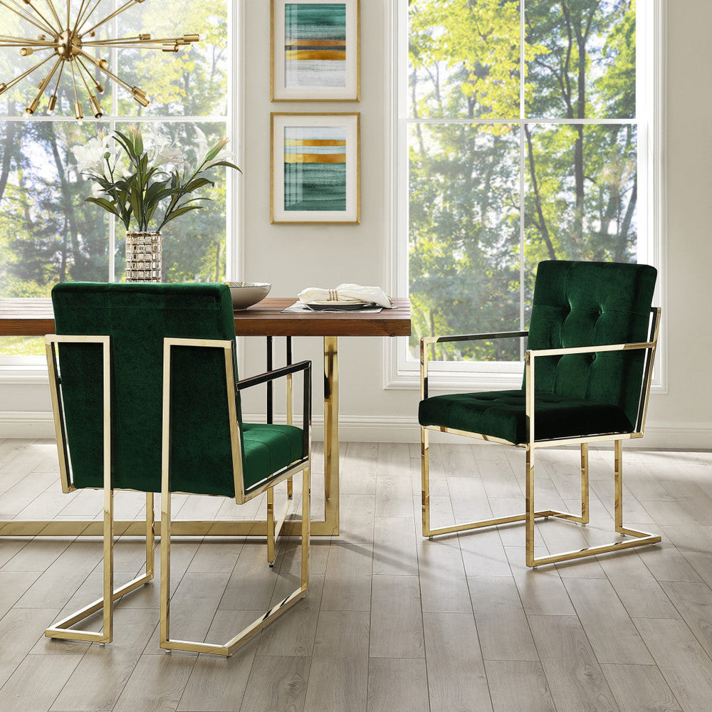 Set of Two Tufted Hunter Green and Gold Upholstered Velvet Dining Arm Chairs Image 2