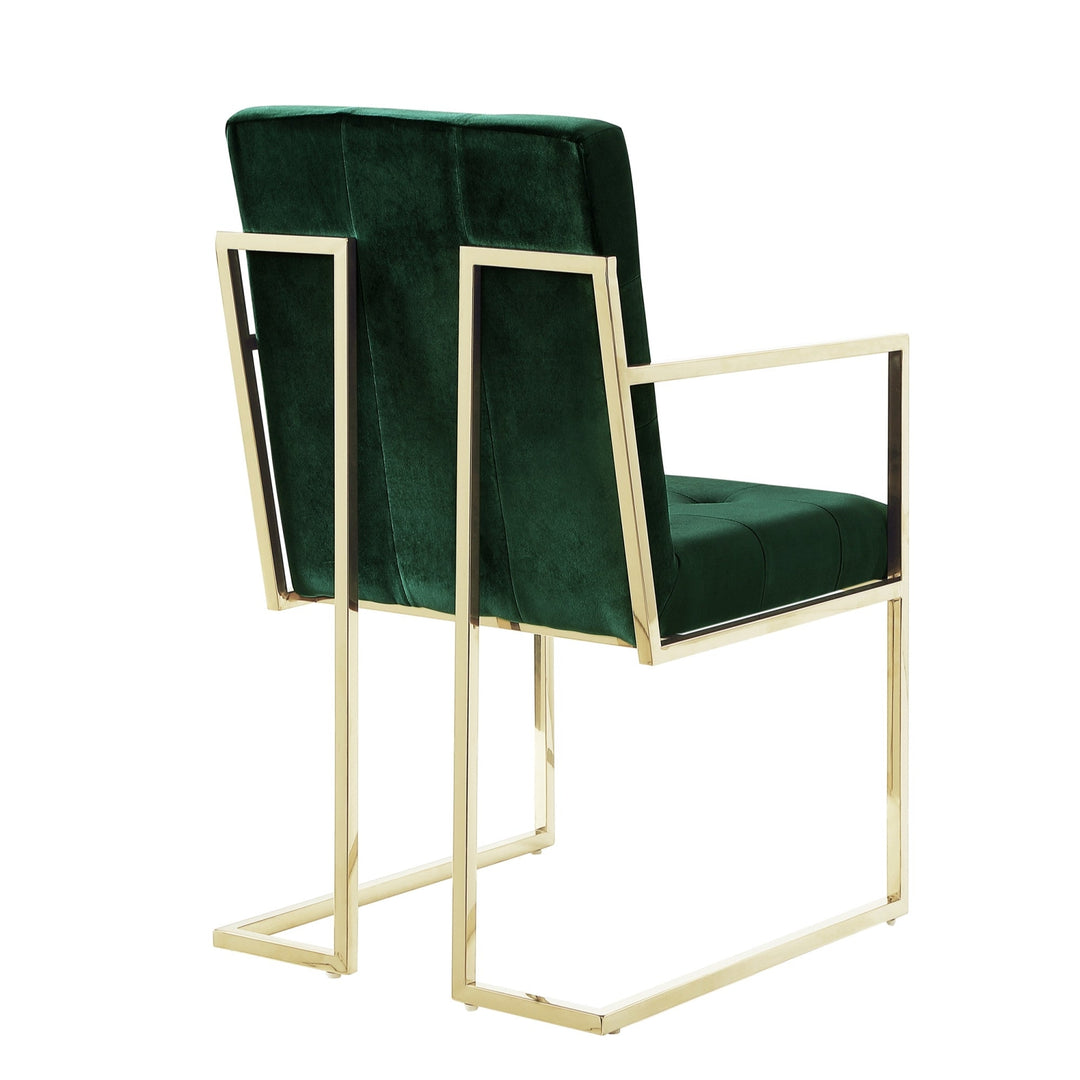 Set of Two Tufted Hunter Green and Gold Upholstered Velvet Dining Arm Chairs Image 4