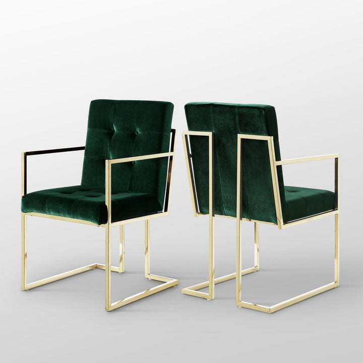 Set of Two Tufted Hunter Green and Gold Upholstered Velvet Dining Arm Chairs Image 7