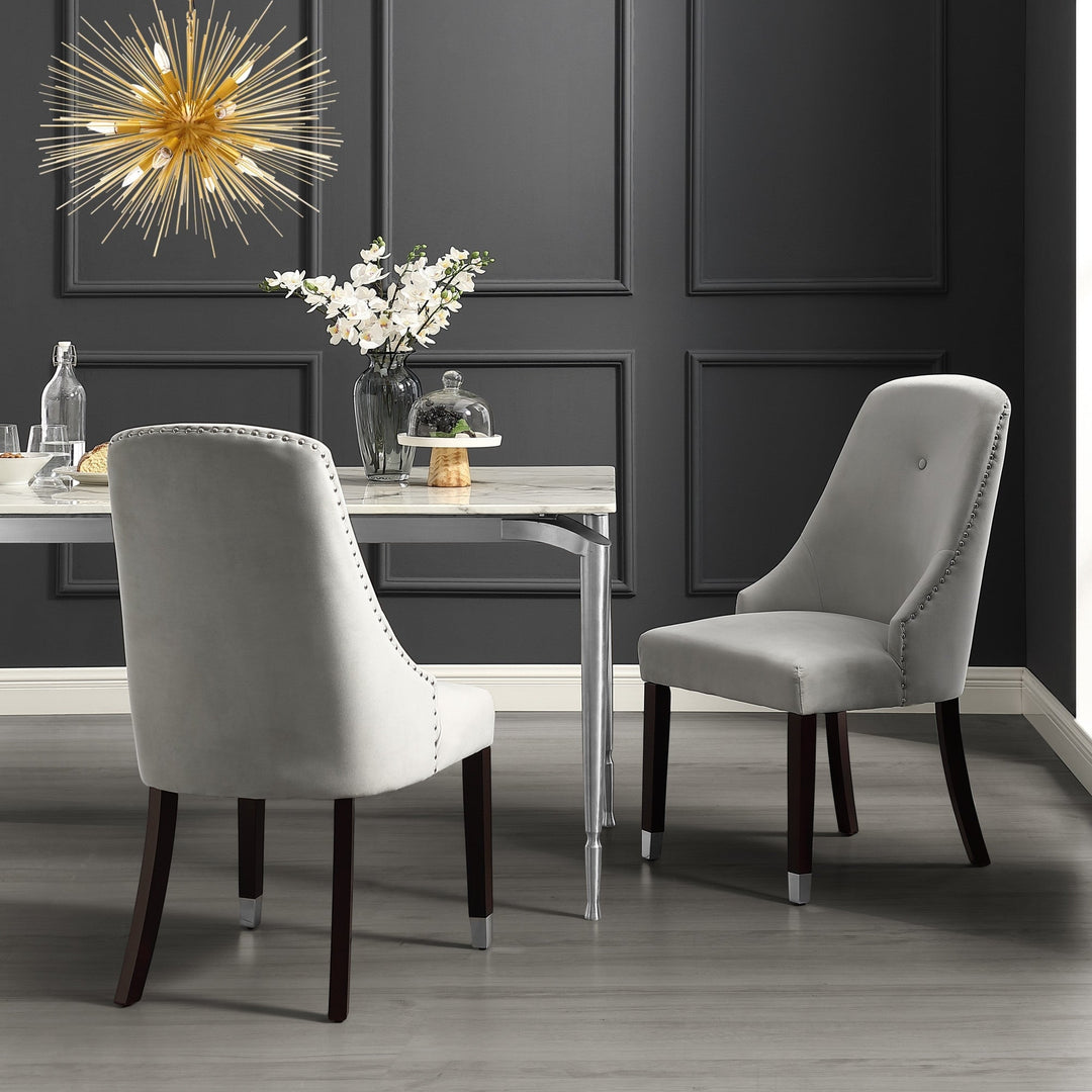 Set of Two Tufted Light Gray And Espresso Upholstered Velvet Dining Side Chairs Image 2