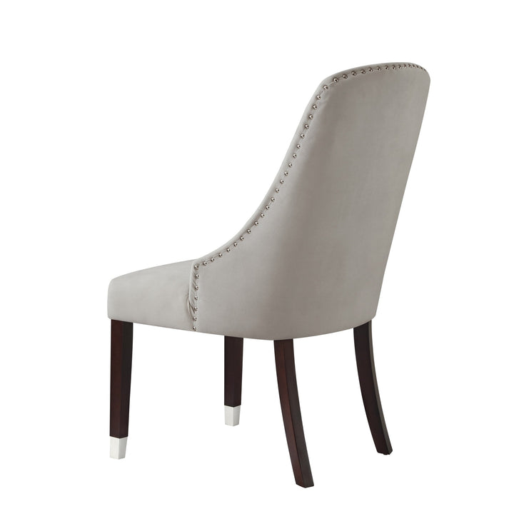 Set of Two Tufted Light Gray And Espresso Upholstered Velvet Dining Side Chairs Image 6