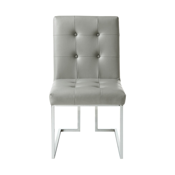 Set of Two Tufted Light Gray and Silver Metallic Upholstered Faux Leather Dining Side Chairs Image 1