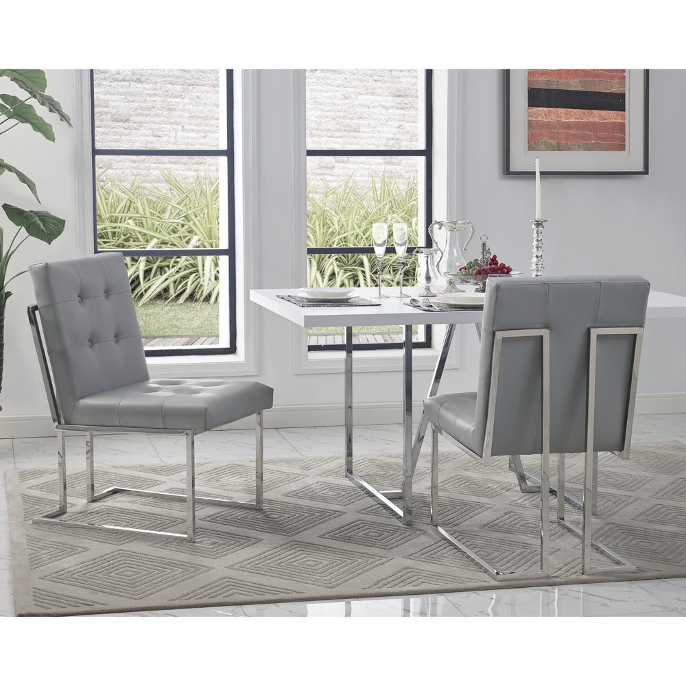 Set of Two Tufted Light Gray and Silver Metallic Upholstered Faux Leather Dining Side Chairs Image 2