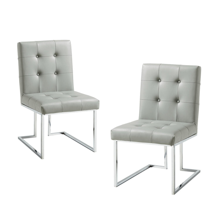 Set of Two Tufted Light Gray and Silver Metallic Upholstered Faux Leather Dining Side Chairs Image 3