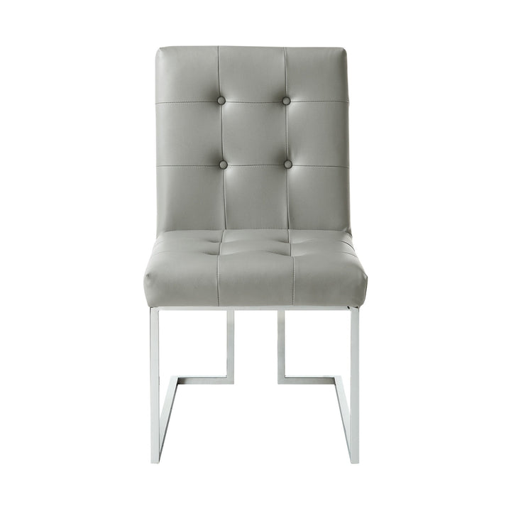 Set of Two Tufted Light Gray and Silver Metallic Upholstered Faux Leather Dining Side Chairs Image 4