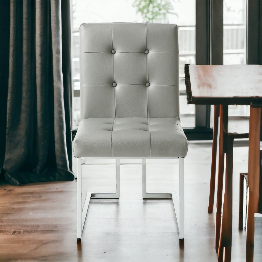 Set of Two Tufted Light Gray and Silver Metallic Upholstered Faux Leather Dining Side Chairs Image 10