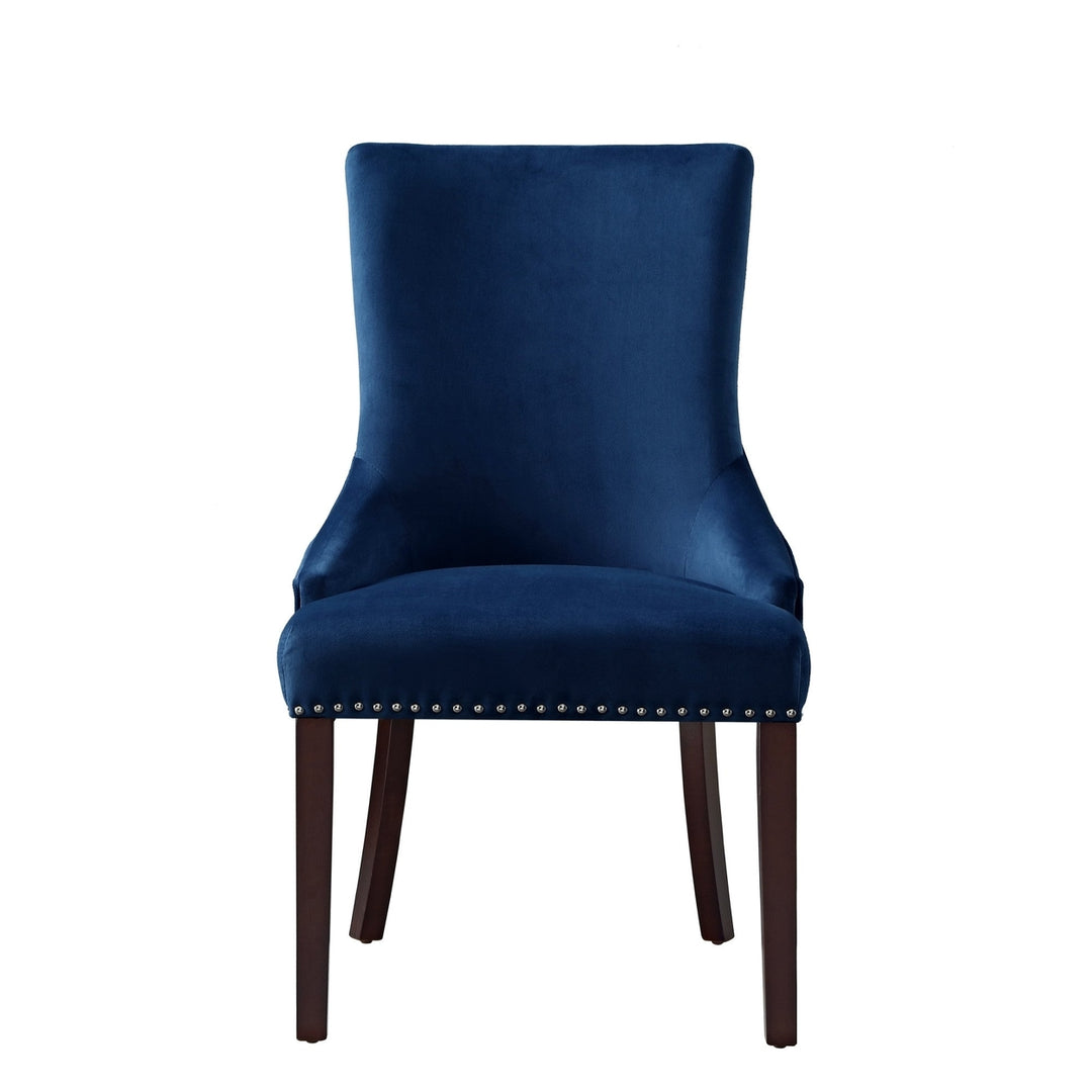 Set of Two Tufted Navy Blue and Espresso Upholstered Velvet Dining Side Chairs Image 1