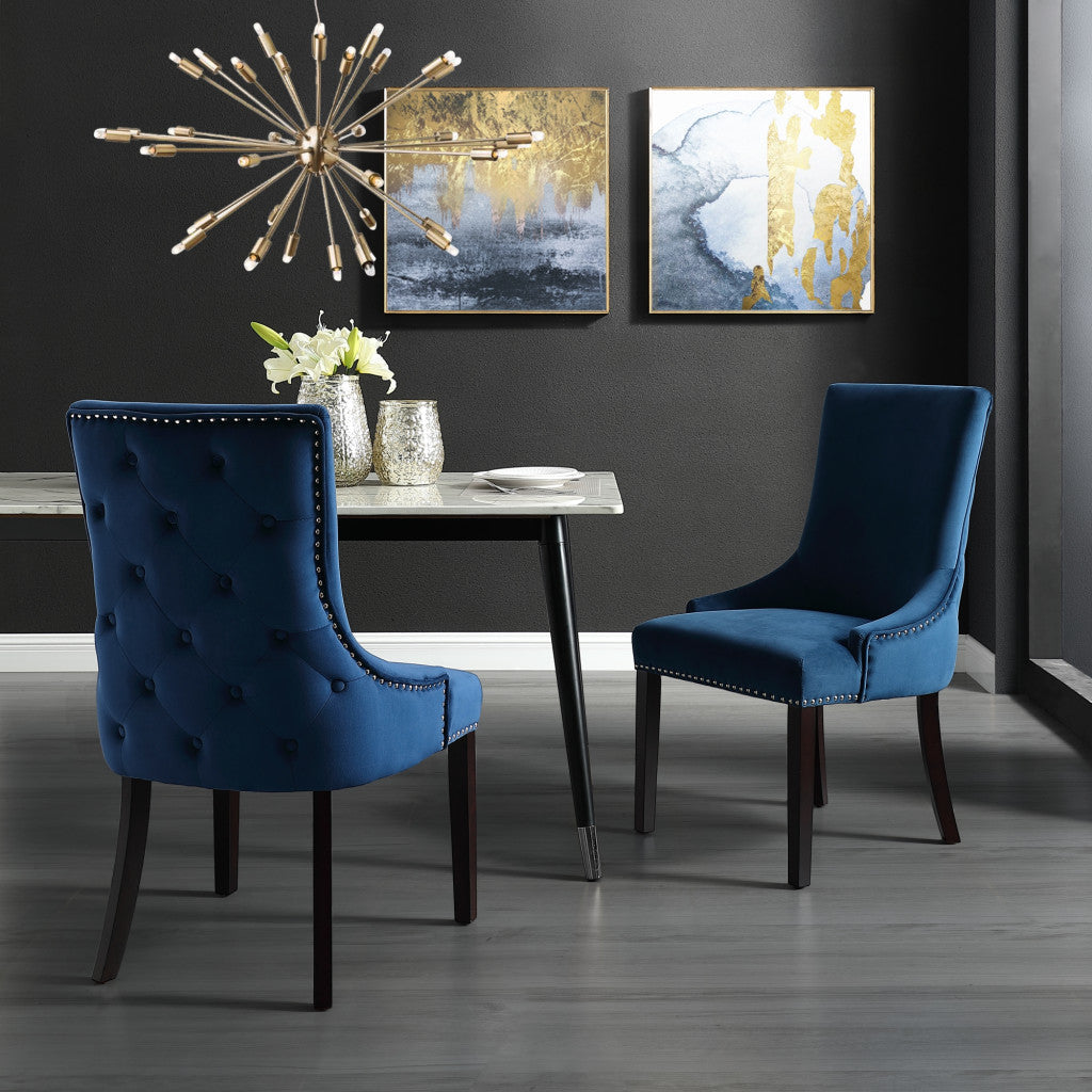 Set of Two Tufted Navy Blue and Espresso Upholstered Velvet Dining Side Chairs Image 2