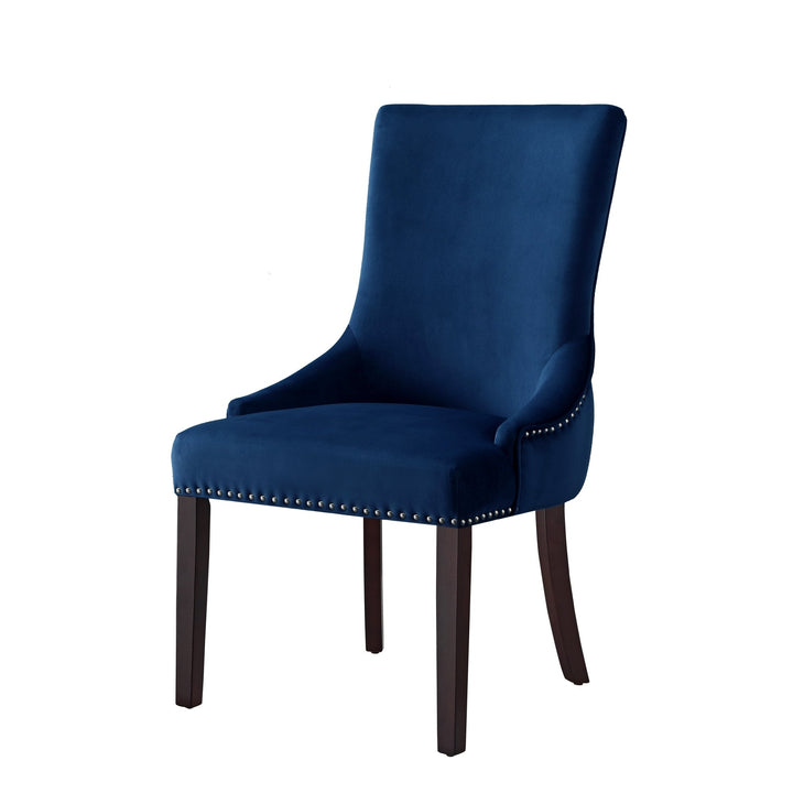 Set of Two Tufted Navy Blue and Espresso Upholstered Velvet Dining Side Chairs Image 3