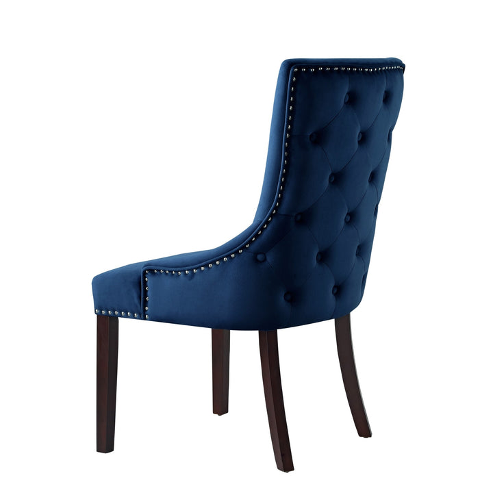 Set of Two Tufted Navy Blue and Espresso Upholstered Velvet Dining Side Chairs Image 5