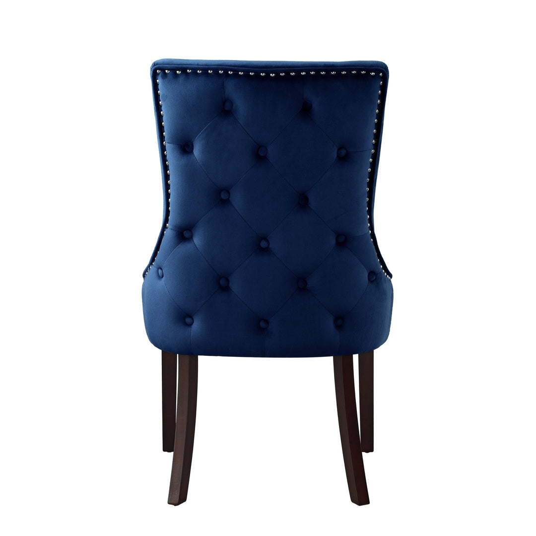 Set of Two Tufted Navy Blue and Espresso Upholstered Velvet Dining Side Chairs Image 6