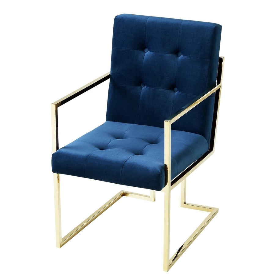 Set of Two Tufted Navy Blue and Gold Upholstered Velvet Dining Arm Chairs Image 1