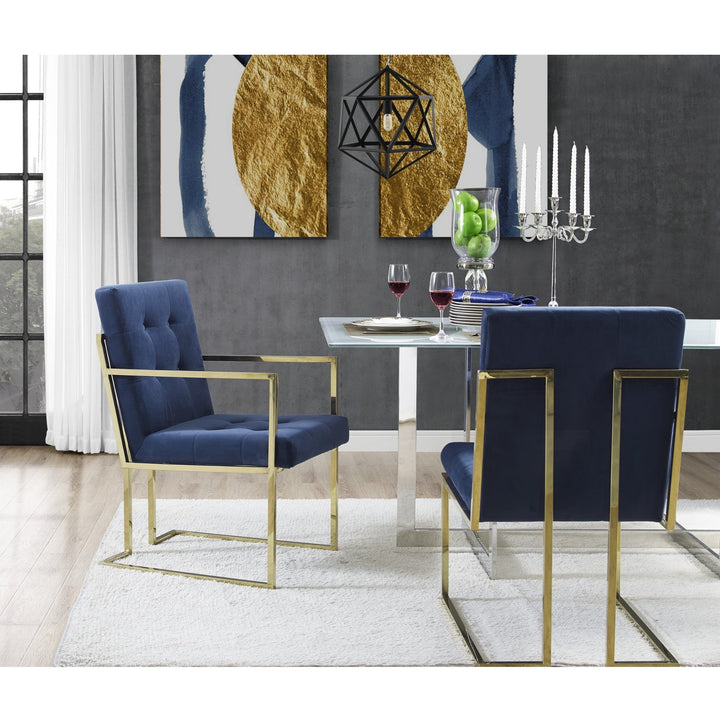 Set of Two Tufted Navy Blue and Gold Upholstered Velvet Dining Arm Chairs Image 2